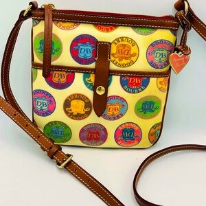 DOONEY & BOURKE LEATHER &POLY MULTI COLOR ROUNDED EDGE PATCH BAG& PINK HEART FOB